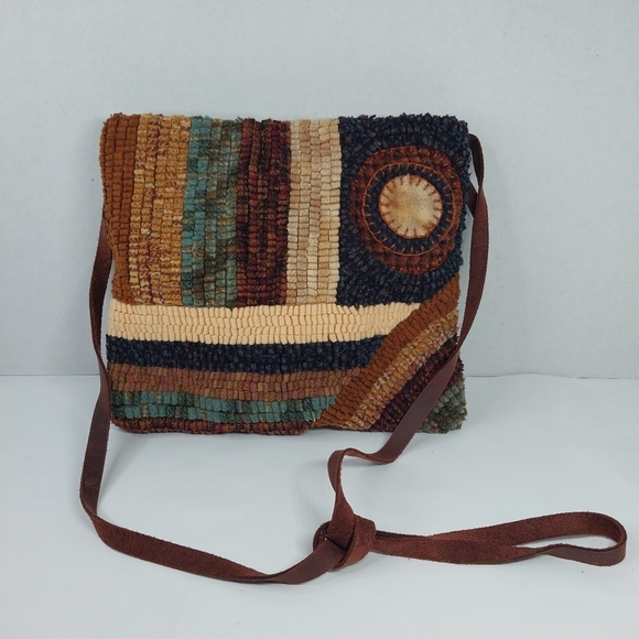 Handmade Handbags - Handmade Wool Hooked Rug Crossbody Boho Hippie Multi Colored Leather Strap Purse